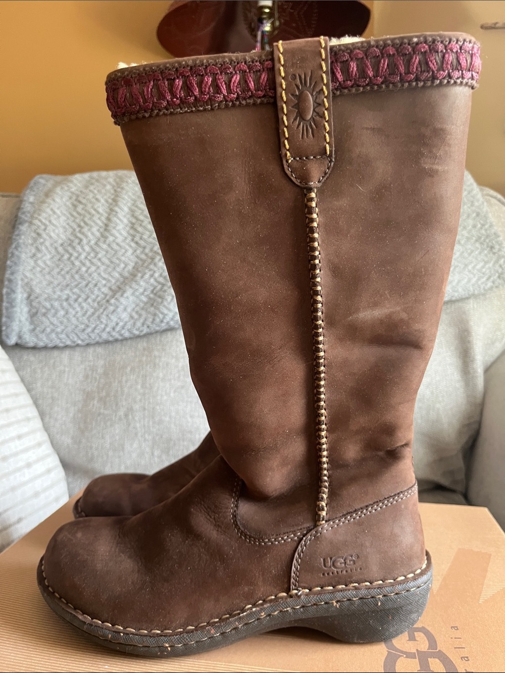 UGG Brown Leather Mid-Calf Boots with Pink Trim